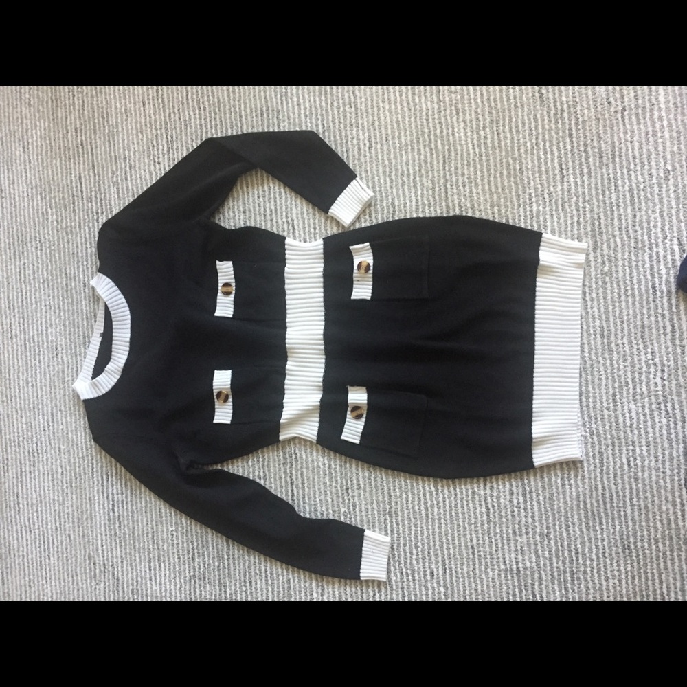Black and white sweater dress with button detail